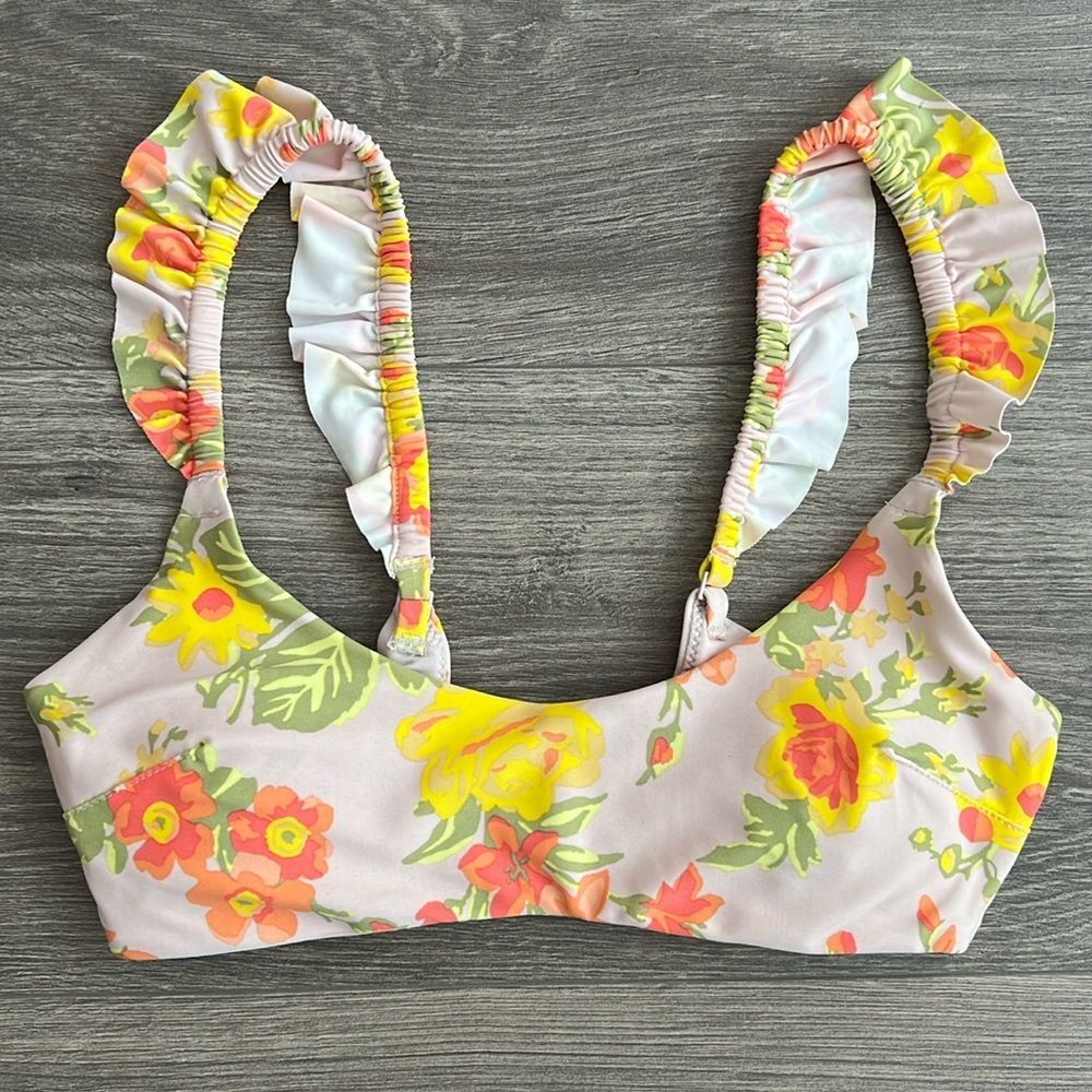 AERIE Scoop Bikini Top XS Ruffle Strap Colorful Floral Boho Cottagecore Beach